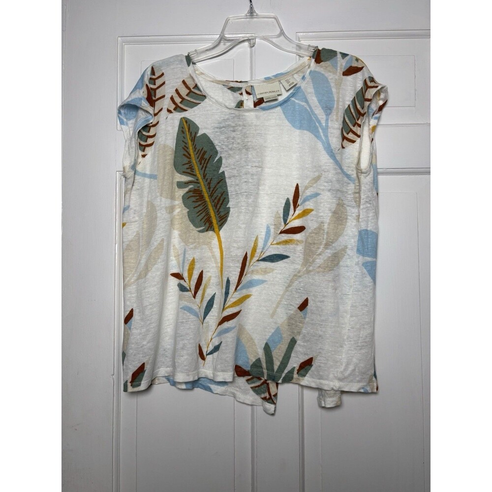 Cynthia Rowley Short Slv Up Top Women's L 100% Linen White Leaf Print